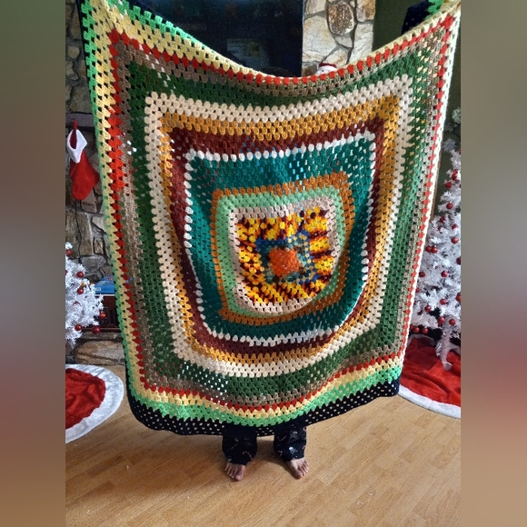 Handmade Crochet Shawl TOP Pattern 75 in L x 68 in W Green Yellow Throw Blanket - Picture 9 of 9